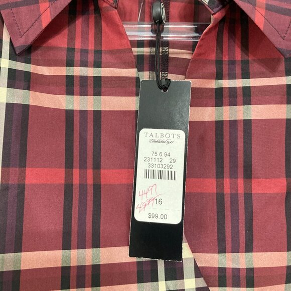New Talbots size 16 Burgundy Plaid Faux Wrap Pure Silk Taffeta Office Blouse - Picture 4 of 12